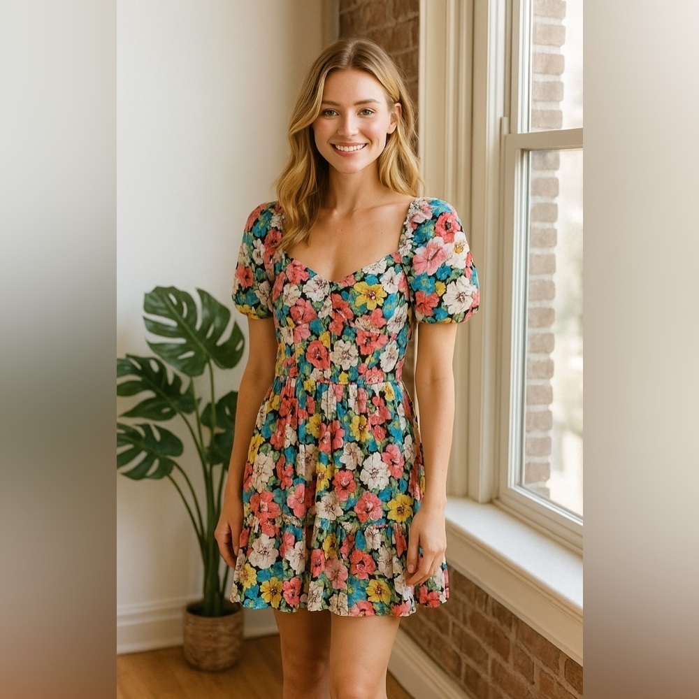 Zara Floral Mini Dress Silk Satin Feel V-Neck Puff Sleeves Button Accents SZ XS